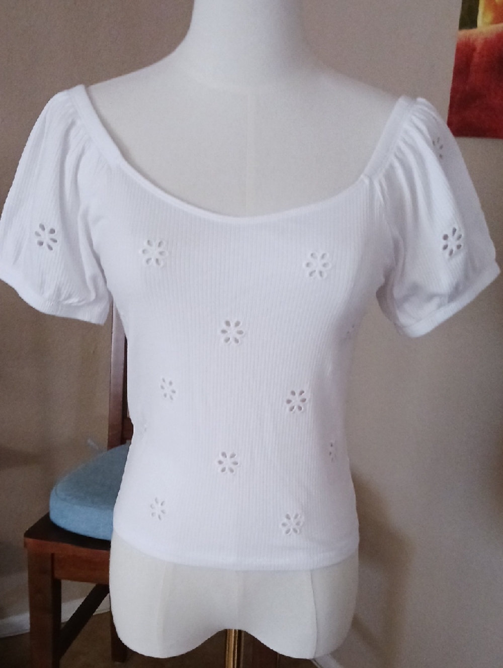 NWT- American Eagle Outfitters White Eyelet Puff Sleeve Knit Top